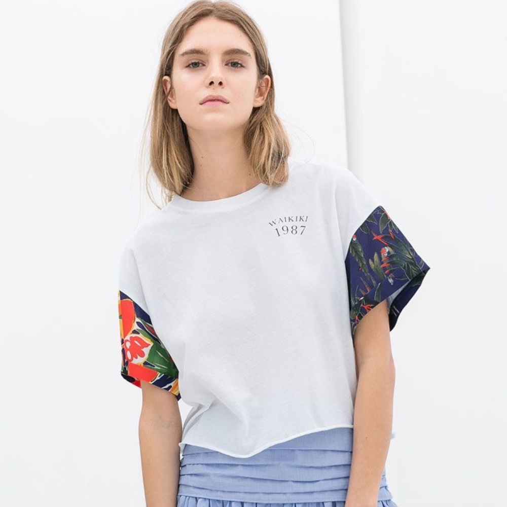 WHITE TROPICAL CROP TOP SHIRT ZARA